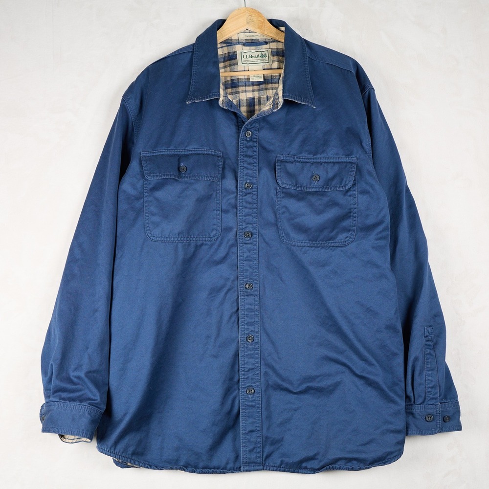 LL Bean Flannel Lined Shirt Jacket Blue‎ Cotton Canvas Plaid XL Reg 298205